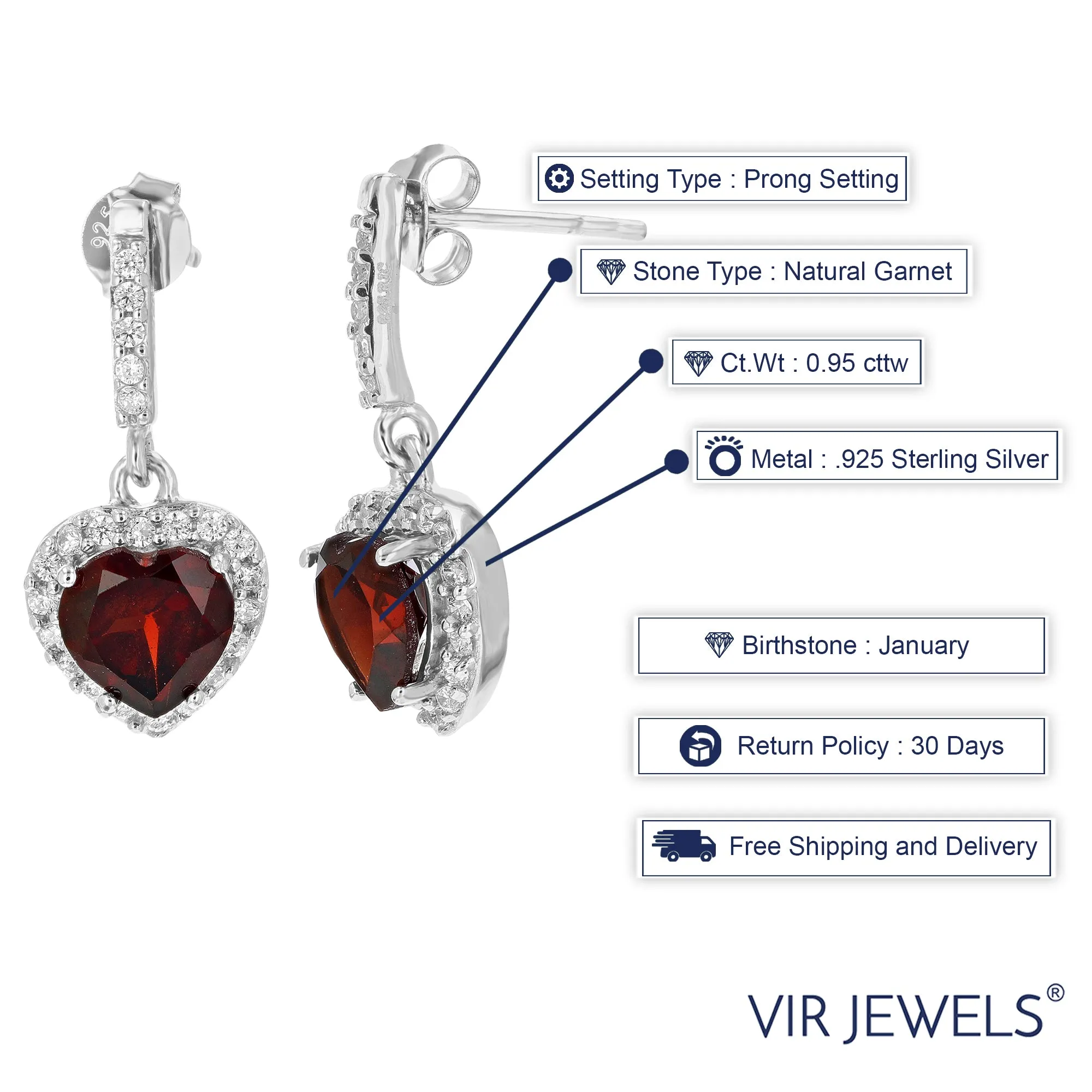 0.95 cttw Garnet Dangle Earrings .925 Sterling Silver With Rhodium 6 MM Heart