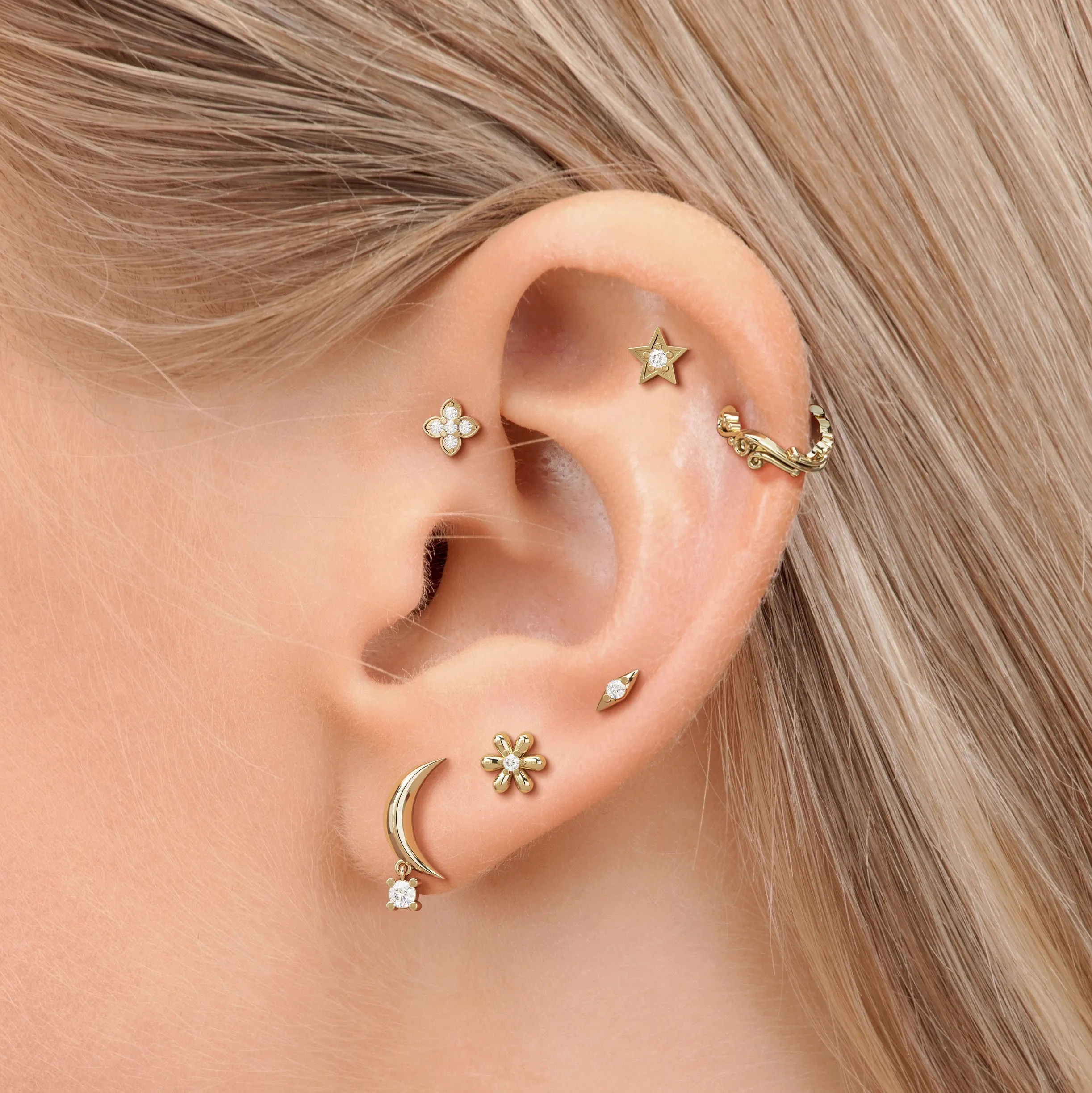 14K Gold Diamond Clover Stud