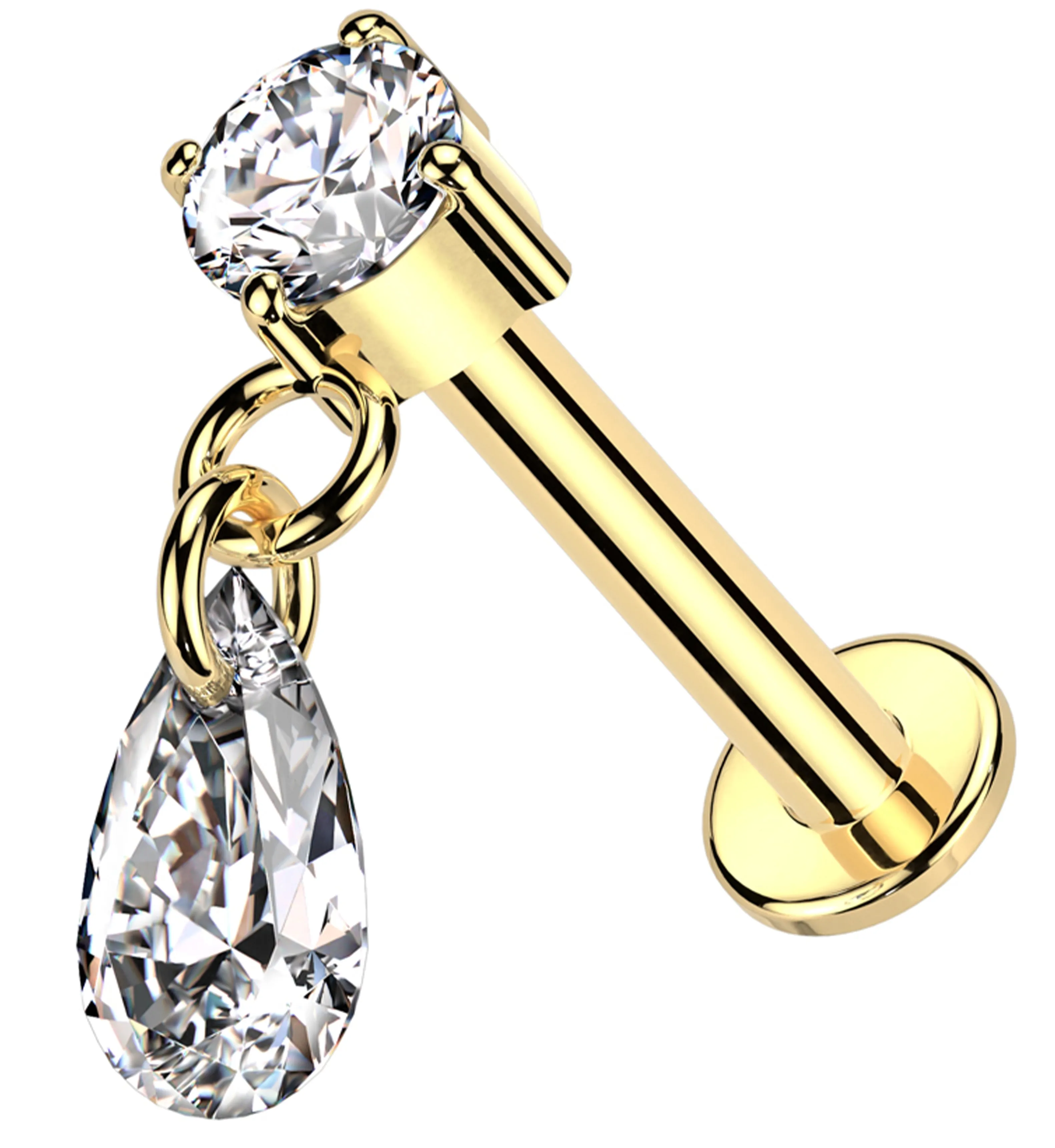 14kt Gold Teardrop Dangle Clear CZ Internally Threaded Labret