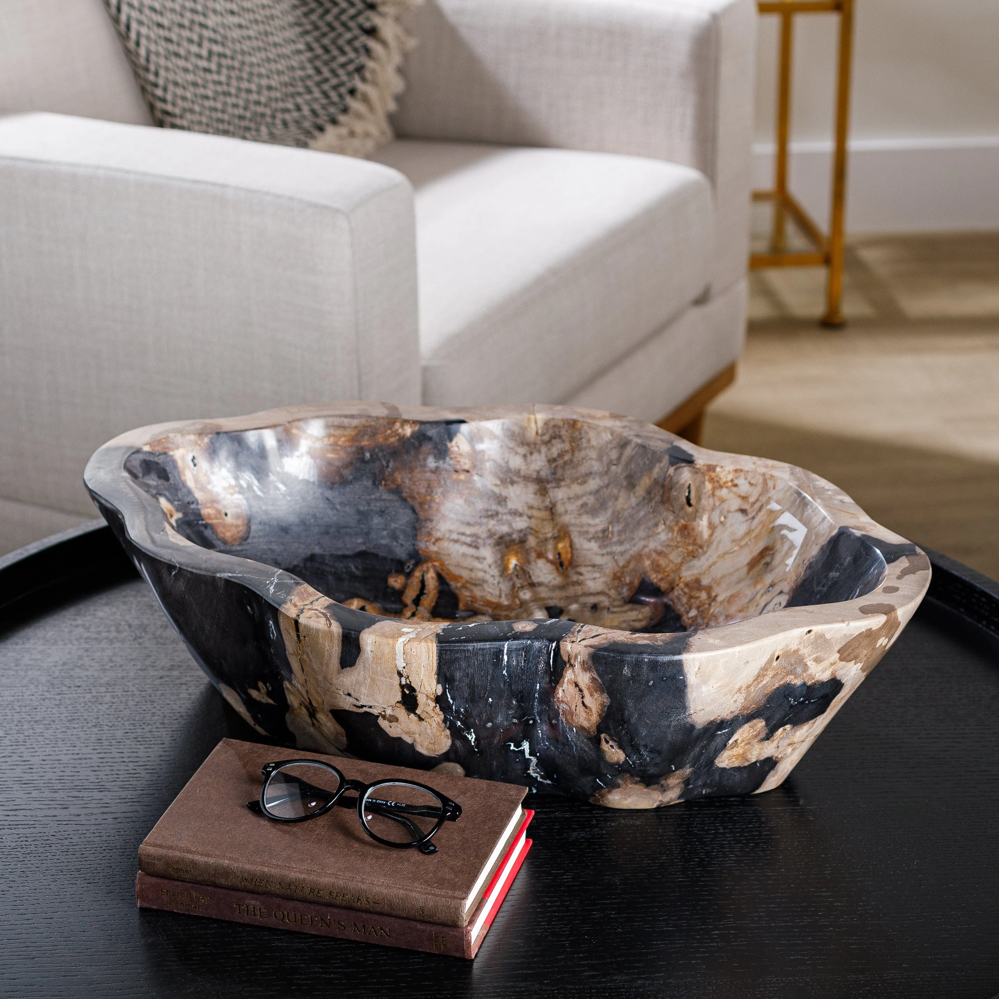 24 Black Petrified Wood Flower Bowl