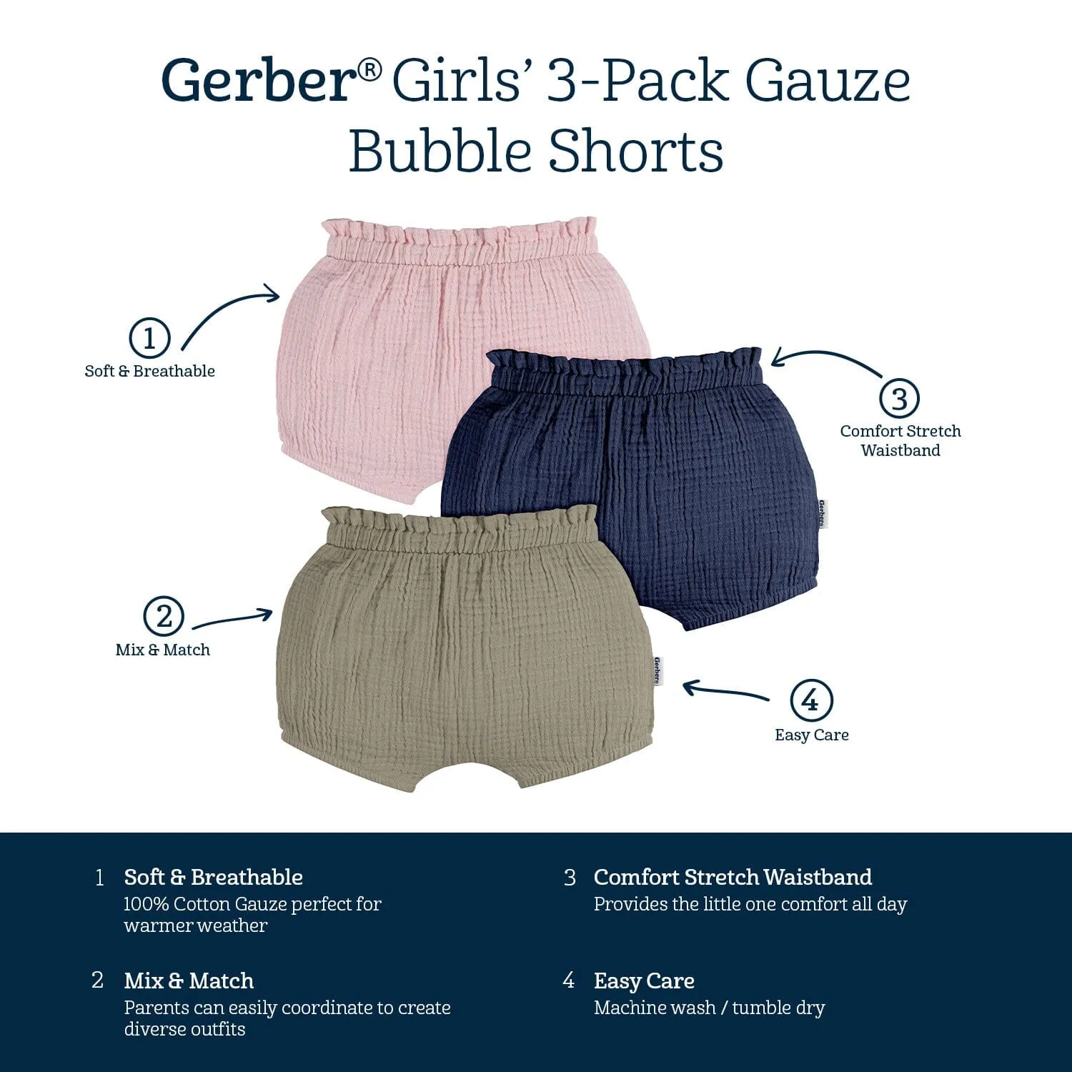 3-Pack Baby Girls Pink, Navy, & Olive Gauze Bubble Shorts