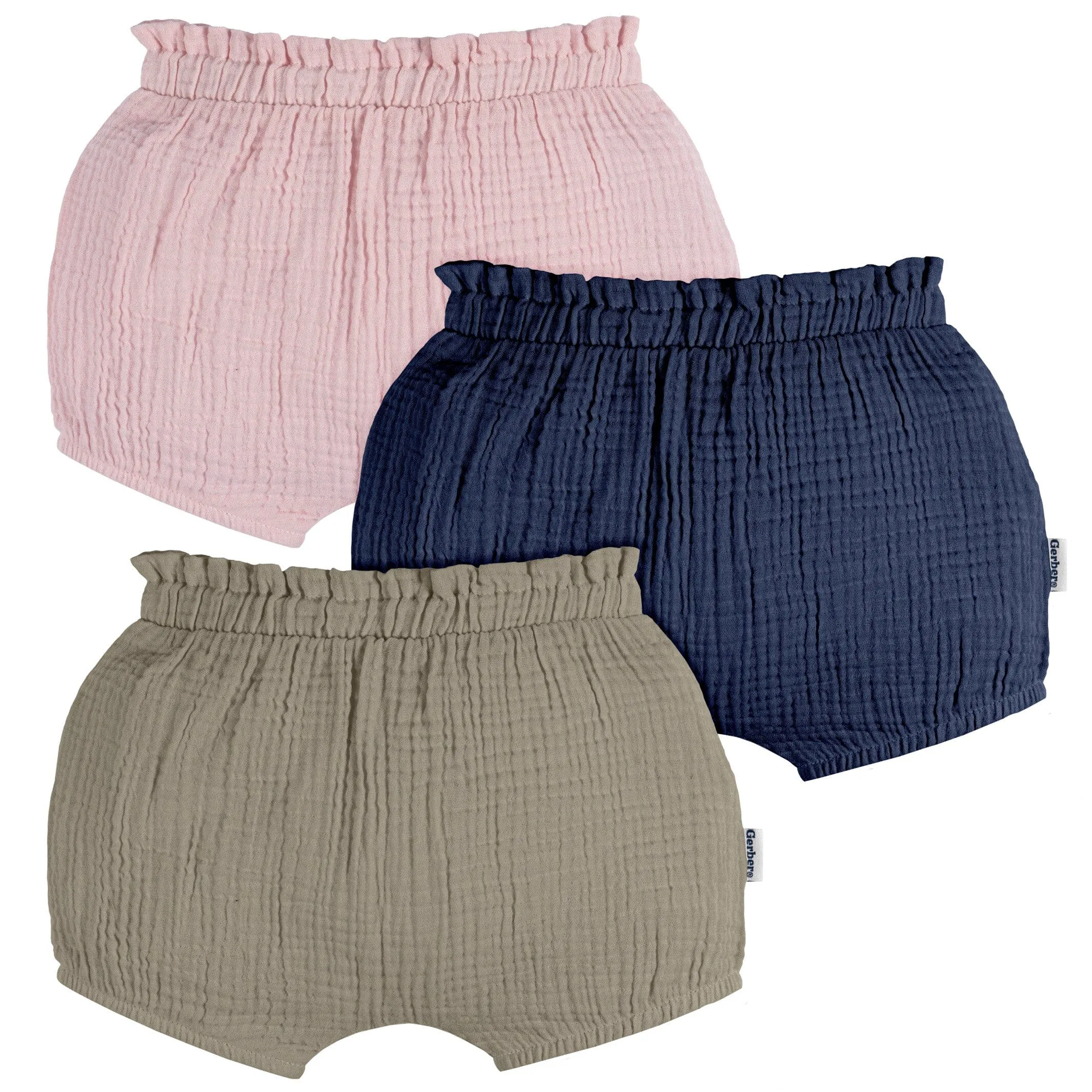 3-Pack Baby Girls Pink, Navy, & Olive Gauze Bubble Shorts