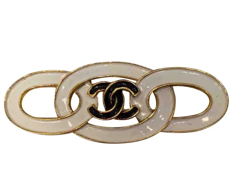 93C Vintage Chanel white black gold CC ceramic enamel pin brooch