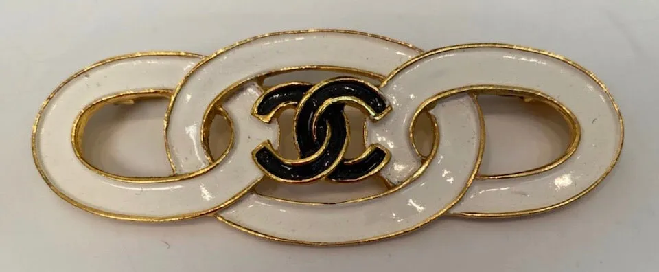 93C Vintage Chanel white black gold CC ceramic enamel pin brooch