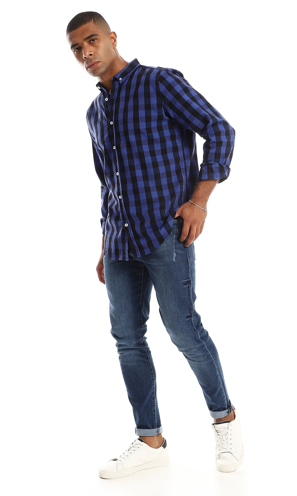 97839 Bi-Tone Cotton Full Sleeves Shirt - Black & Blue