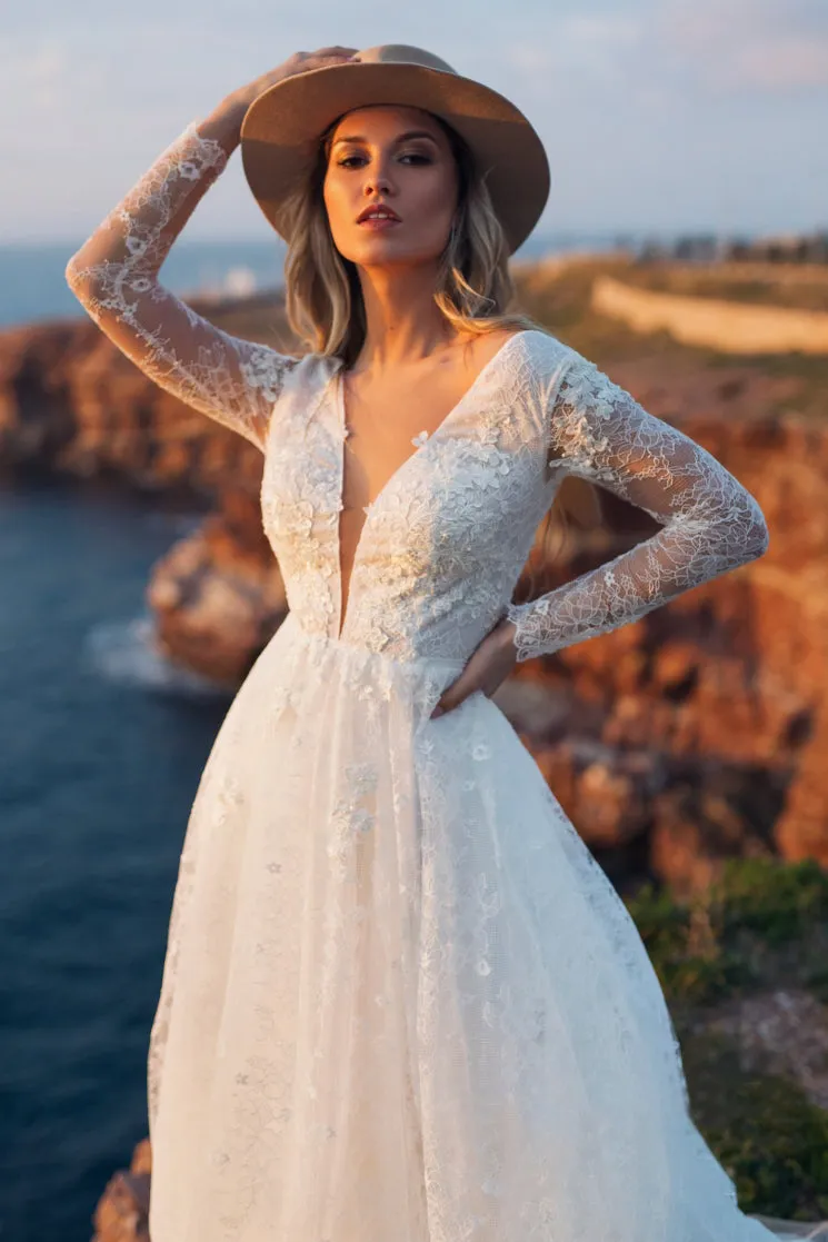 A-line Long Sleeve Plunging Neckline Lace Wedding Dress with Deep V-back-715771