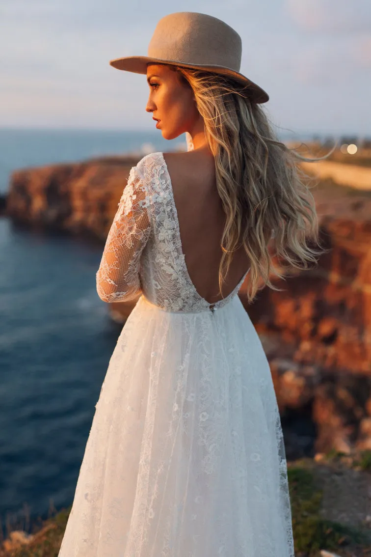 A-line Long Sleeve Plunging Neckline Lace Wedding Dress with Deep V-back-715771