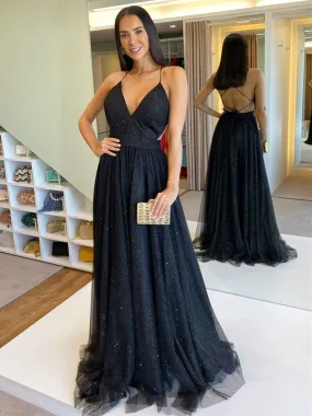 A-line V Neck Backless Black Long Prom Dresses Open Back Formal Graduation Evening Gowns