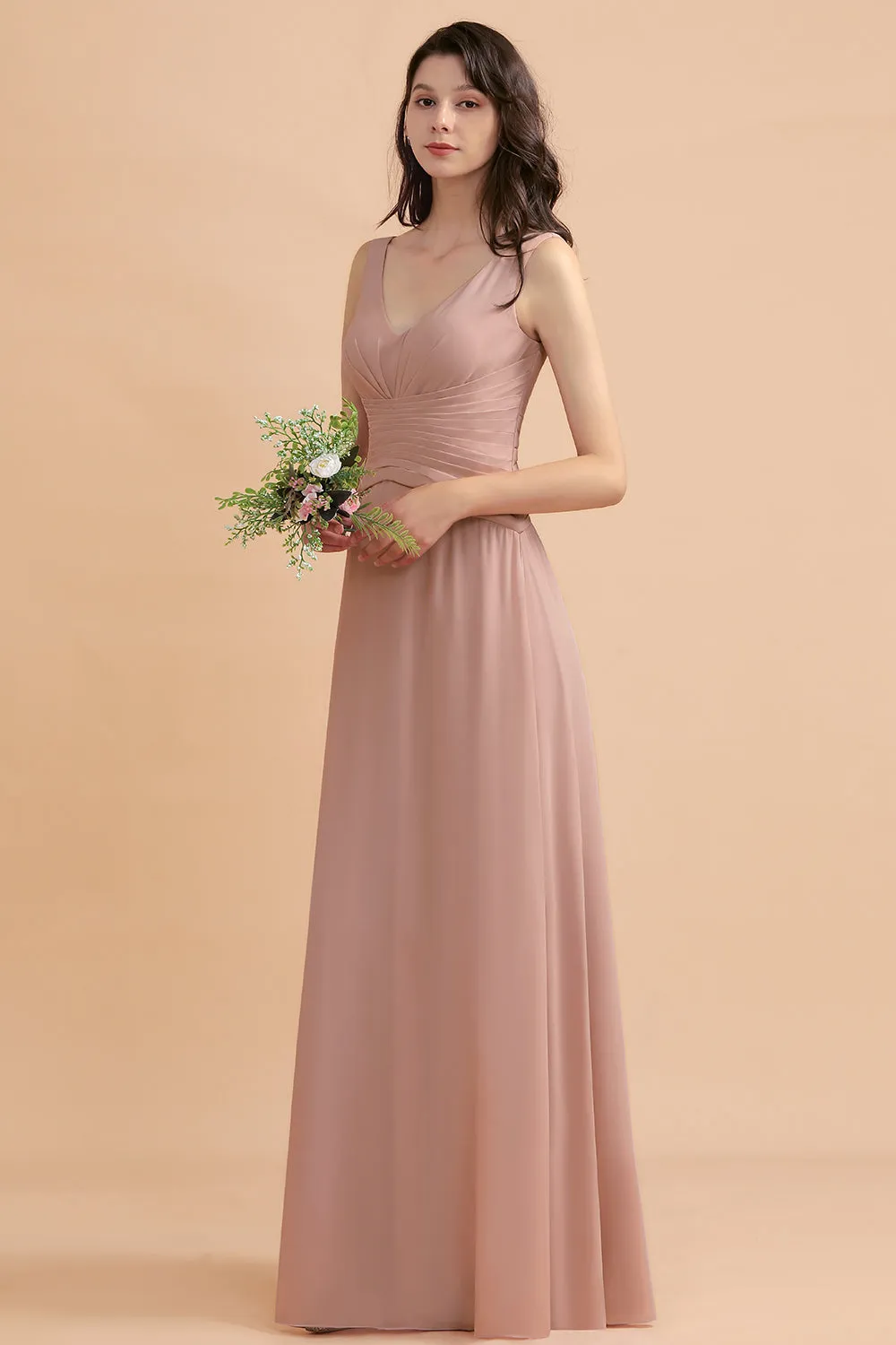 A-Line V-neck Chiffon Backless Bridesmaid Dress Classy Long Maid of Honor Dress