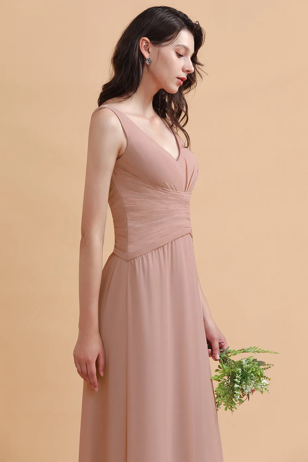 A-Line V-neck Chiffon Backless Bridesmaid Dress Classy Long Maid of Honor Dress