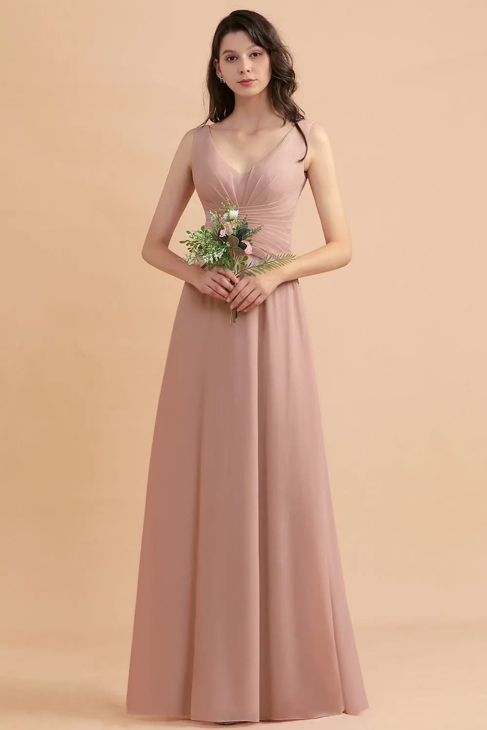 A-Line V-neck Chiffon Backless Bridesmaid Dress Classy Long Maid of Honor Dress