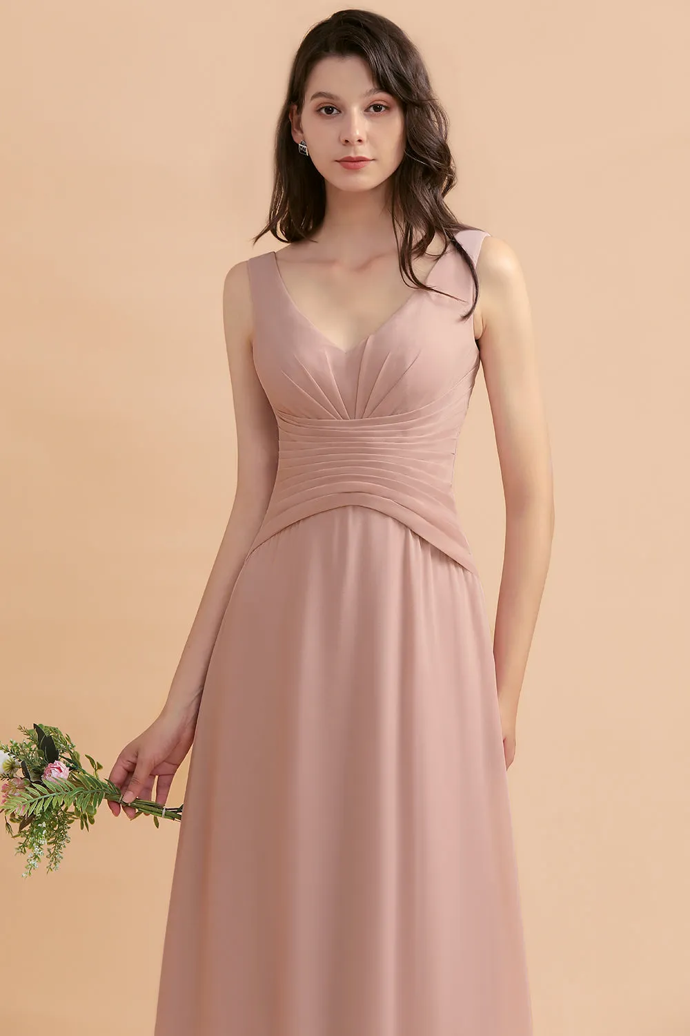 A-Line V-neck Chiffon Backless Bridesmaid Dress Classy Long Maid of Honor Dress