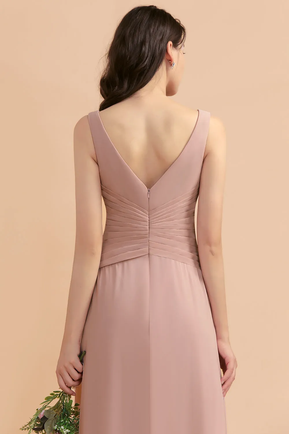 A-Line V-neck Chiffon Backless Bridesmaid Dress Classy Long Maid of Honor Dress