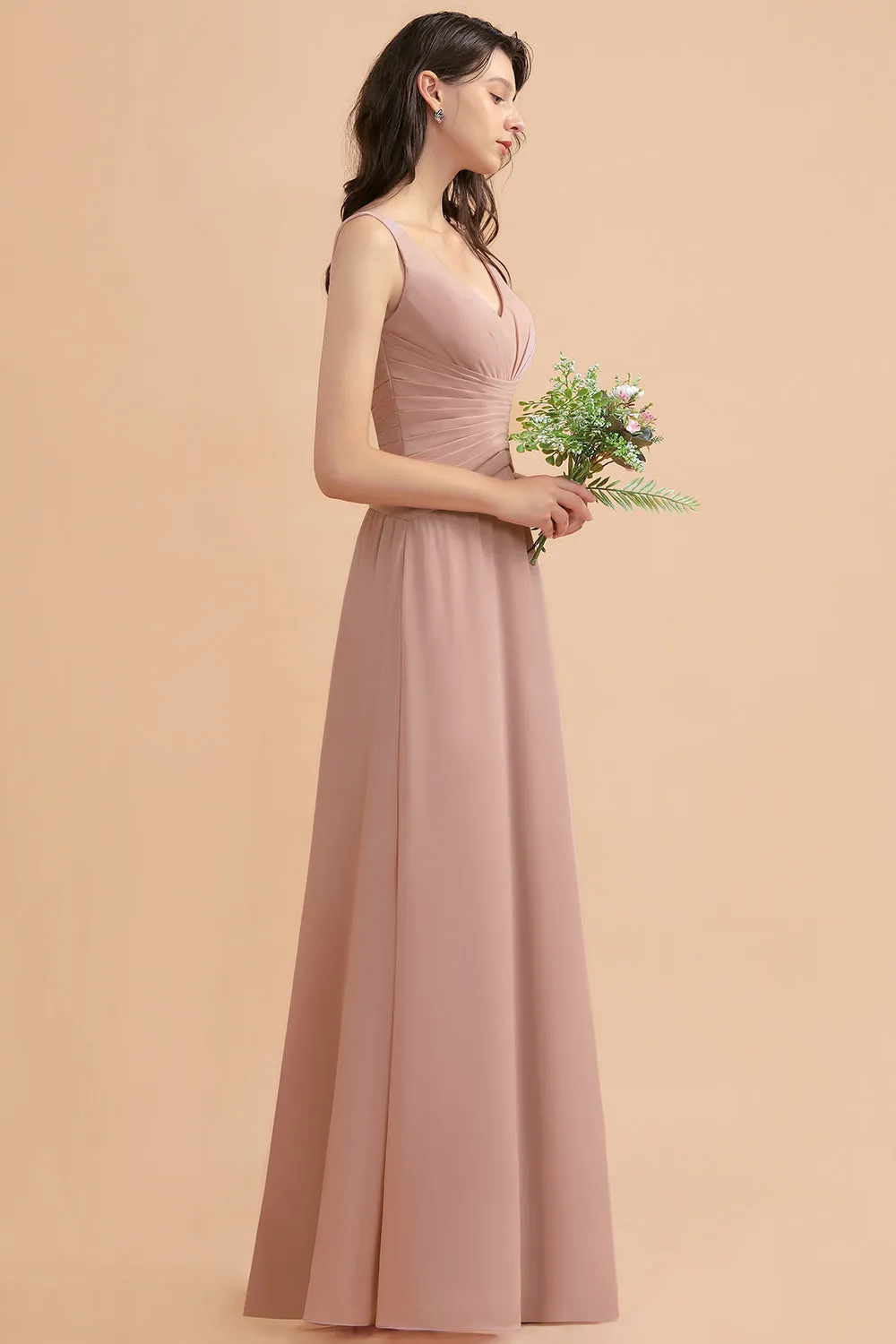 A-Line V-neck Chiffon Backless Bridesmaid Dress Classy Long Maid of Honor Dress