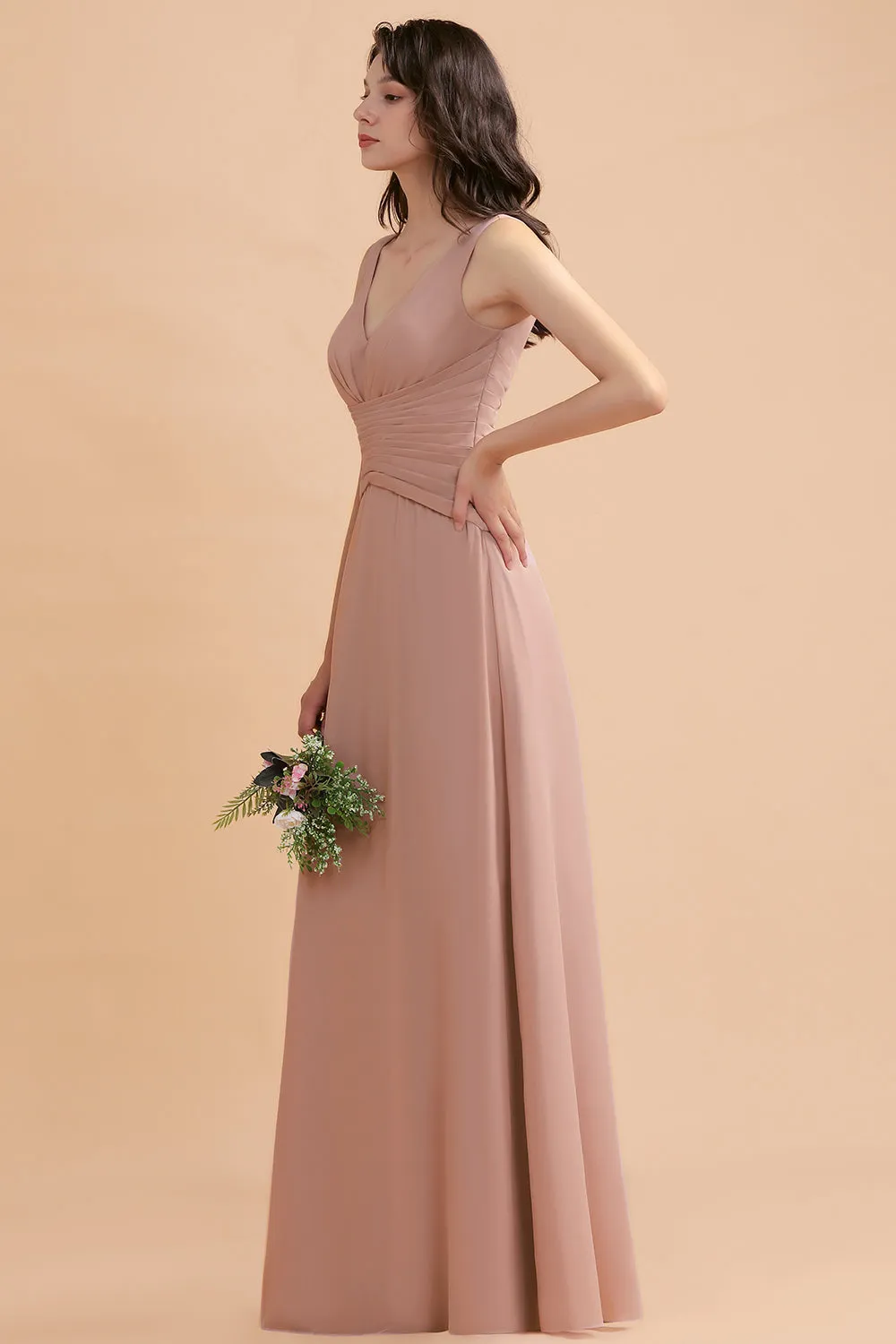 A-Line V-neck Chiffon Backless Bridesmaid Dress Classy Long Maid of Honor Dress