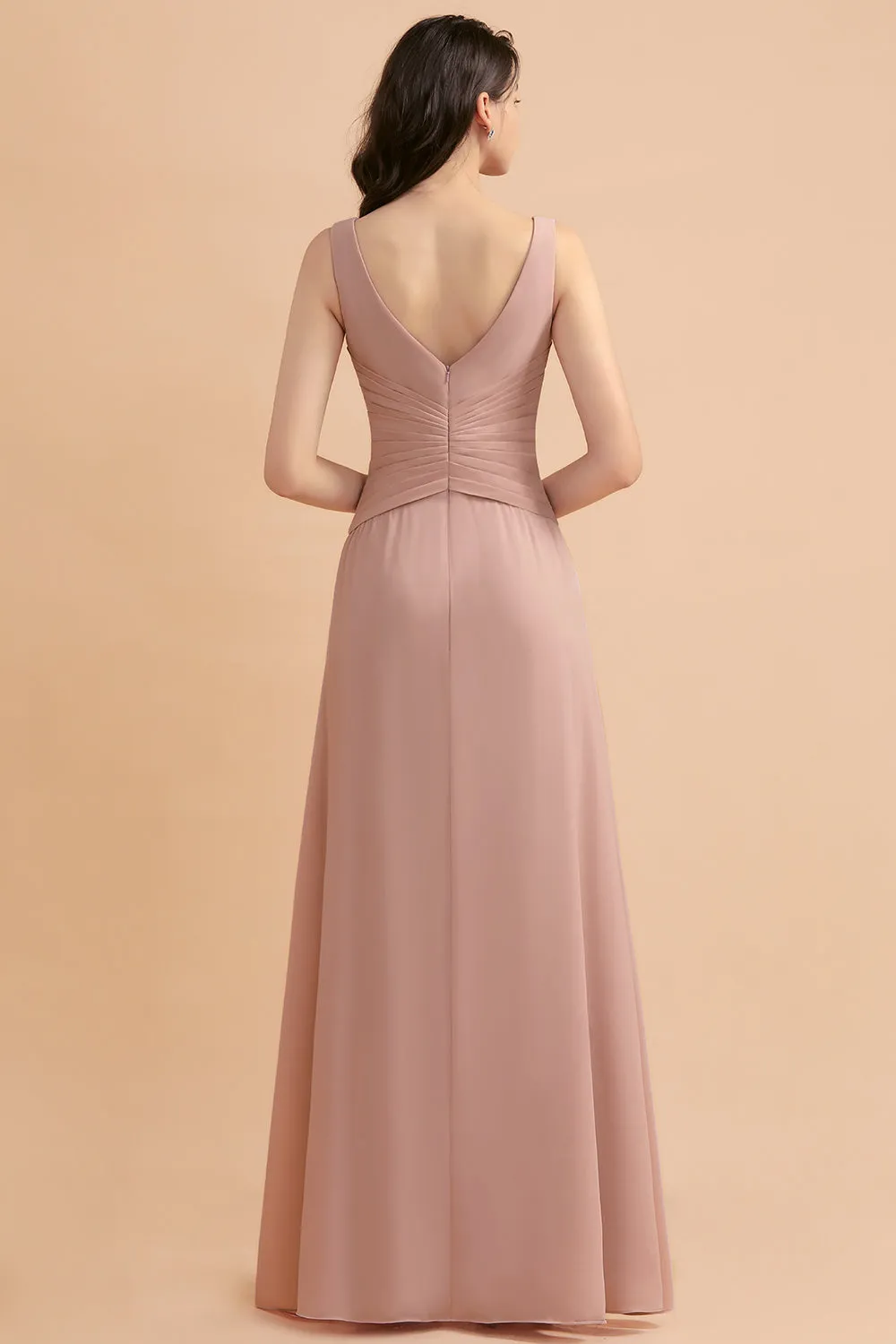 A-Line V-neck Chiffon Backless Bridesmaid Dress Classy Long Maid of Honor Dress