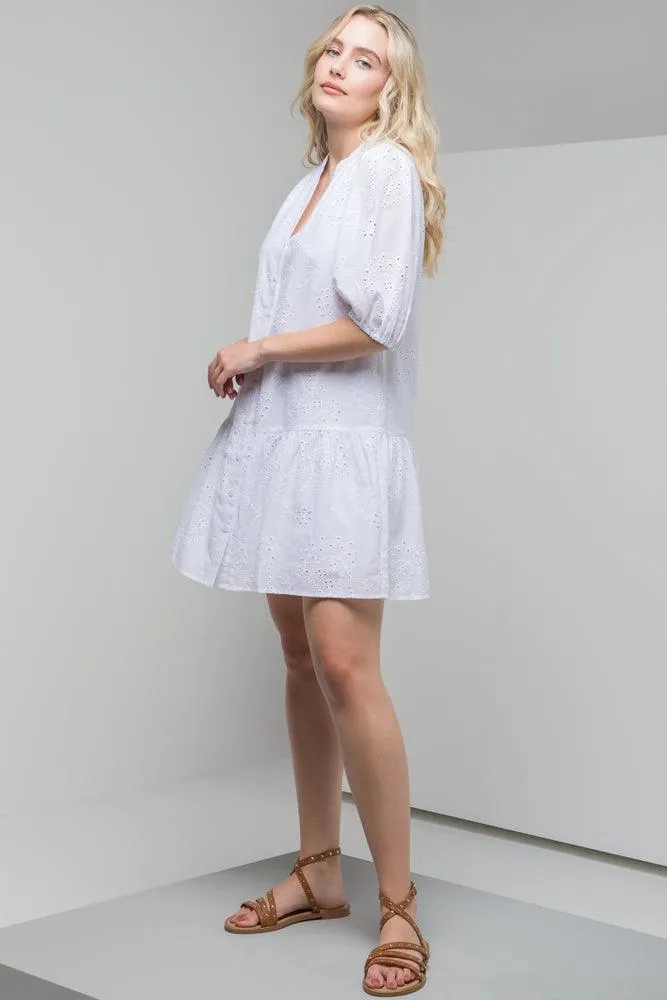 Anglaise Puff Sleeve Belted Dress White