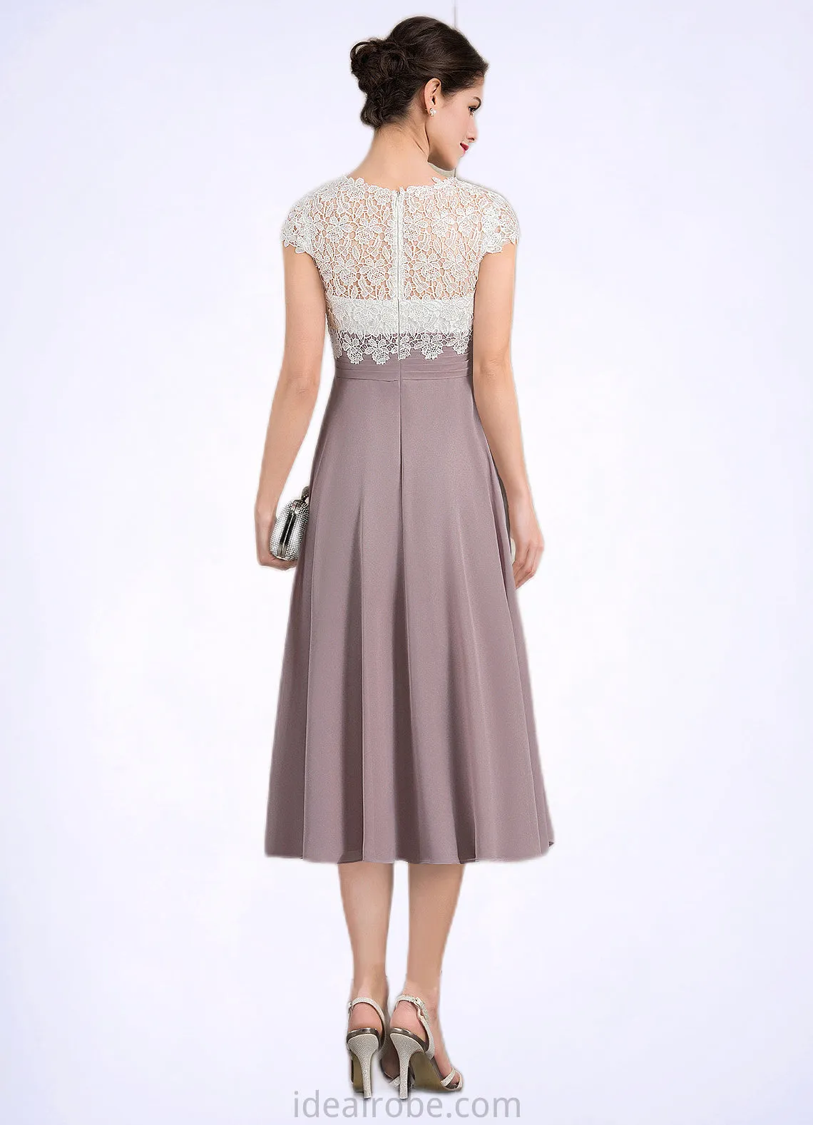 Avery A-Line V-neck Tea-Length Chiffon Lace Mother of the Bride Dress STK126P0014588