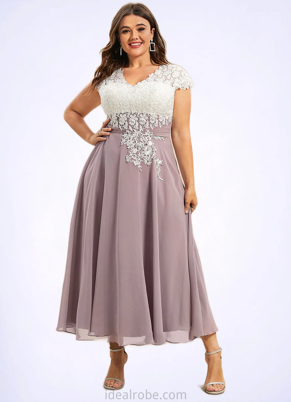 Avery A-Line V-neck Tea-Length Chiffon Lace Mother of the Bride Dress STK126P0014588