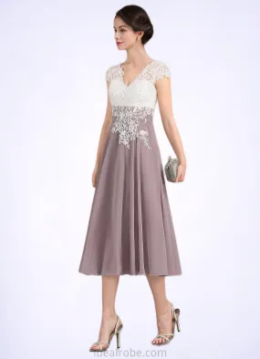 Avery A-Line V-neck Tea-Length Chiffon Lace Mother of the Bride Dress STK126P0014588