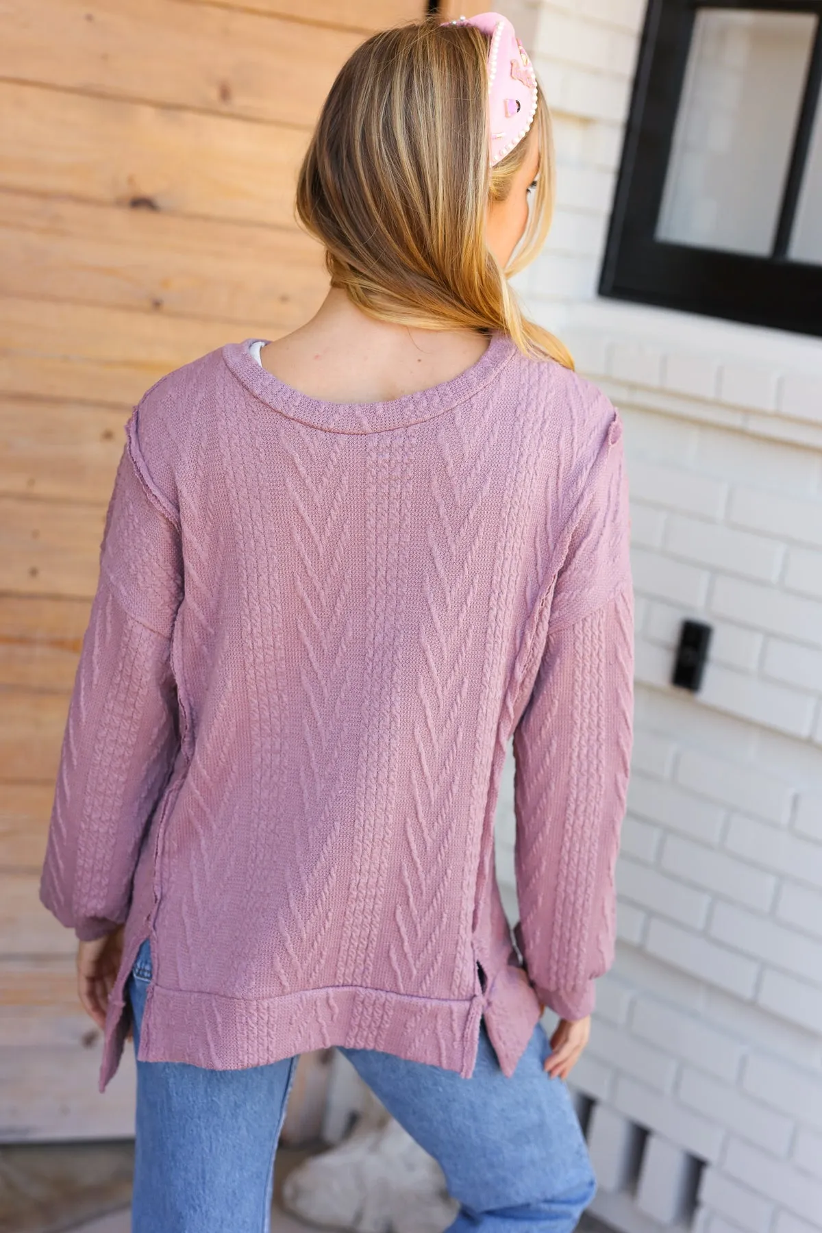 Back To Basics Mauve Jacquard Cable Pullover Top