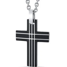 Black Lined Stainless Steel Cross Pendant with Steel Ball Chain