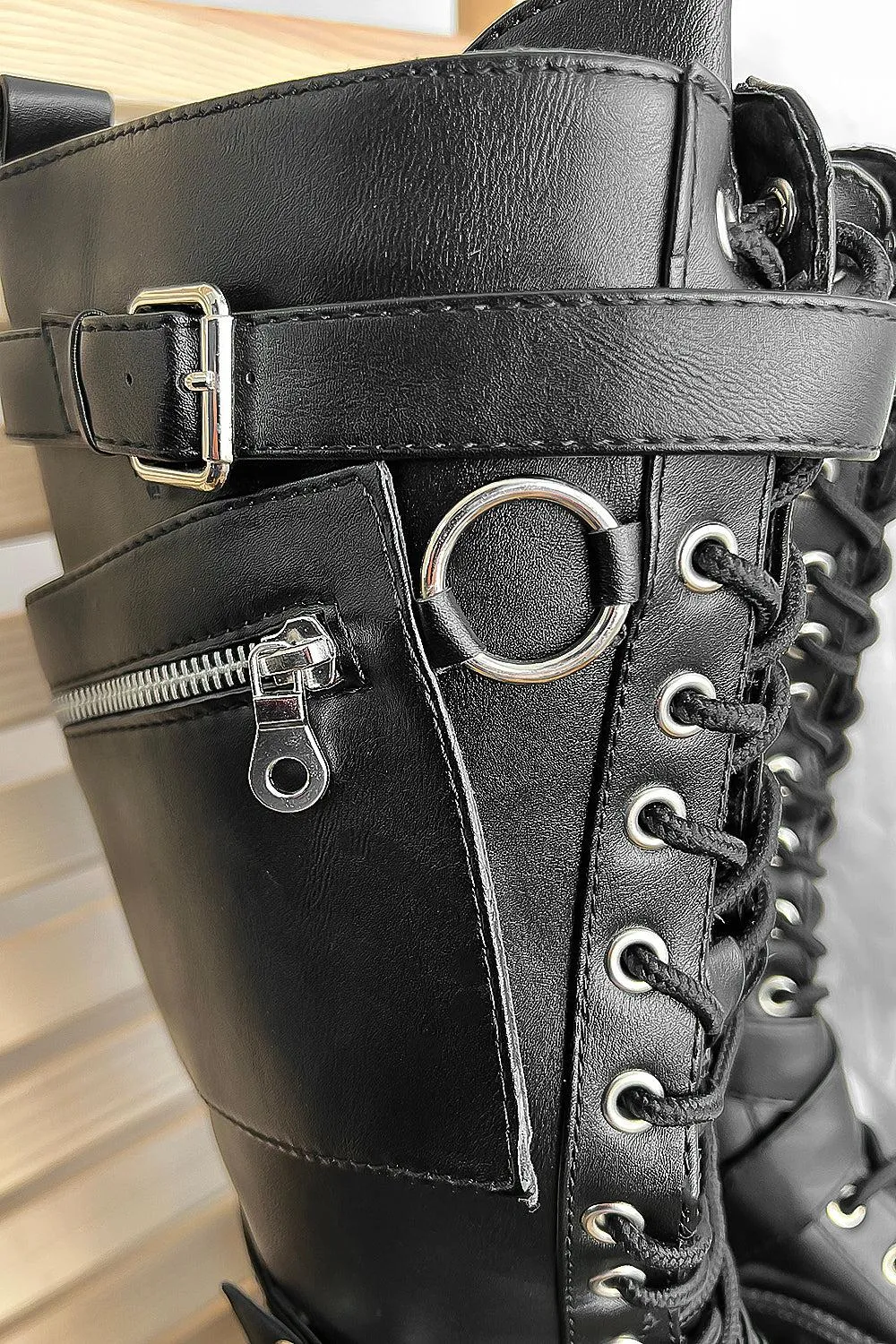 Black Pockets And Metal Detail Tall Boots