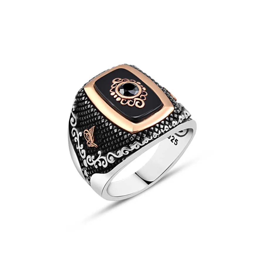 Black Zircon Eye Figure on Black Onyx Stone Rectangular Pointed Silver Men's Ring Siding Tughra and Wavy Pattern