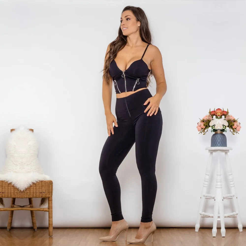 Body Shaper Set Black Cotton Zipper Push Up Top High Waist Butt Lift Leggings Elegant Women's Sets