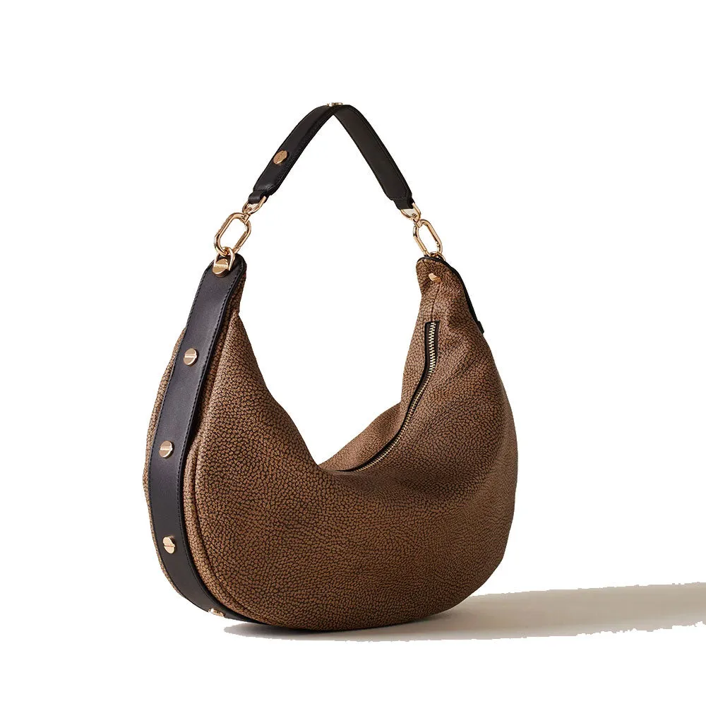 Borsa Donna Hobo Medium BORBONESE linea Oyster in Tela Rivestita stampa Op Naturale e Pelle Nera