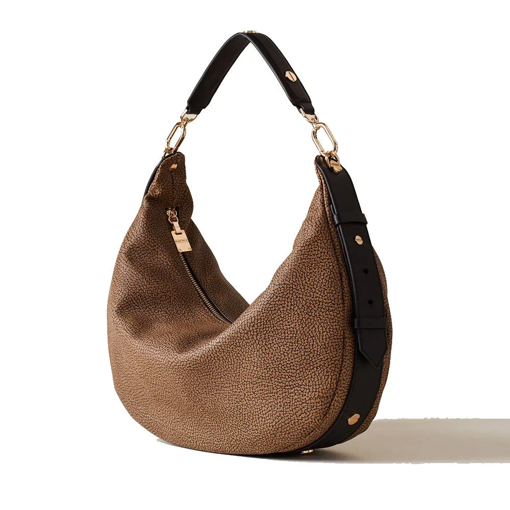 Borsa Donna Hobo Medium BORBONESE linea Oyster in Tela Rivestita stampa Op Naturale e Pelle Nera