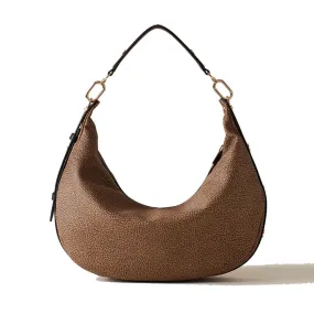 Borsa Donna Hobo Medium BORBONESE linea Oyster in Tela Rivestita stampa Op Naturale e Pelle Nera