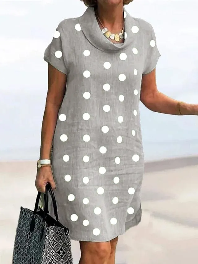 Casual Dress Cotton Linen Dress Shift Dress Midi Dress Cotton Blend Fashion Modern Outdoor Daily Cowl Neck Print Short Sleeve Summer Spring  Regular Fit Gray Polka Dot S M L XL 2XL for Women