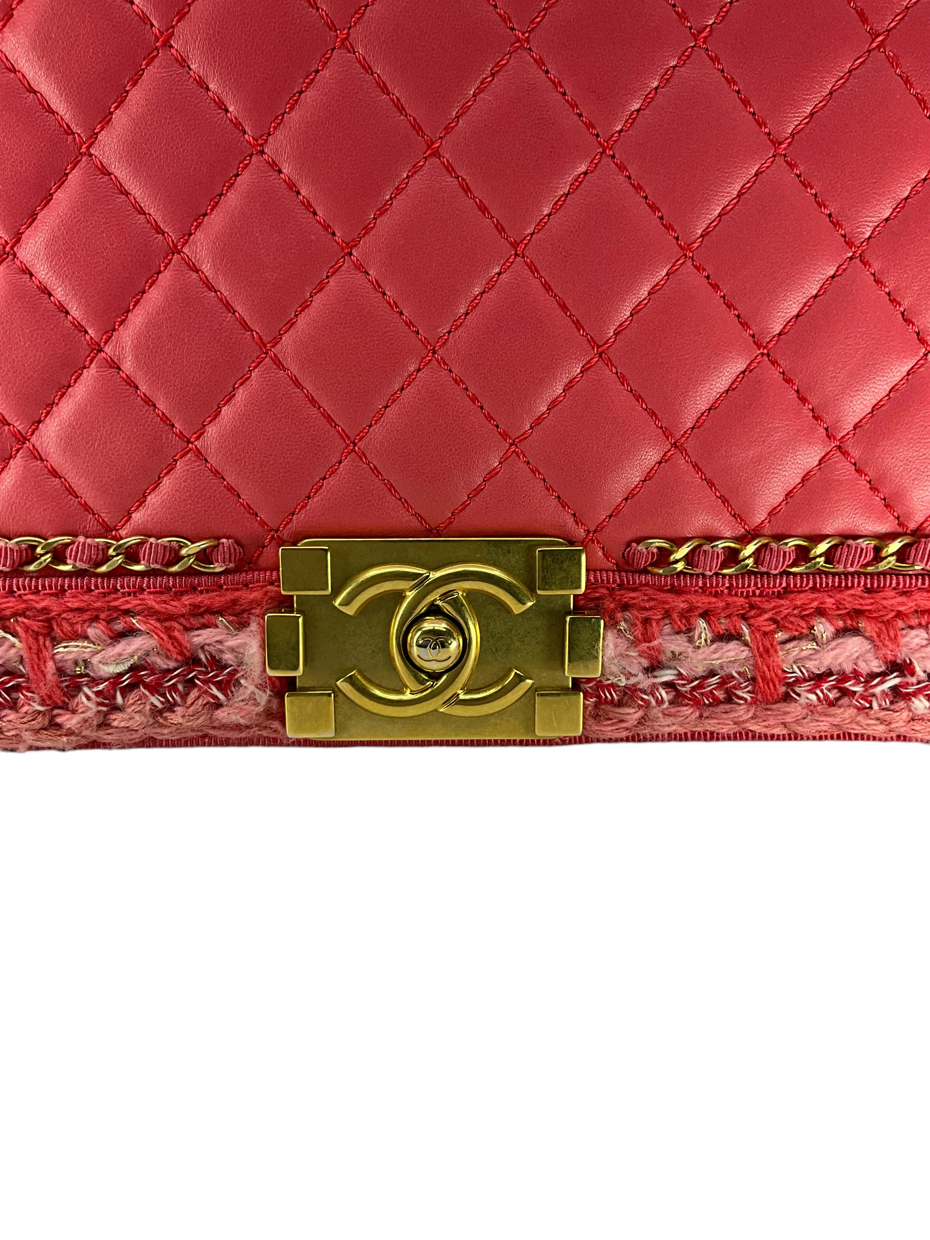 Chanel Pink Quilted Lambskin Boy Bag With Tweed Size M