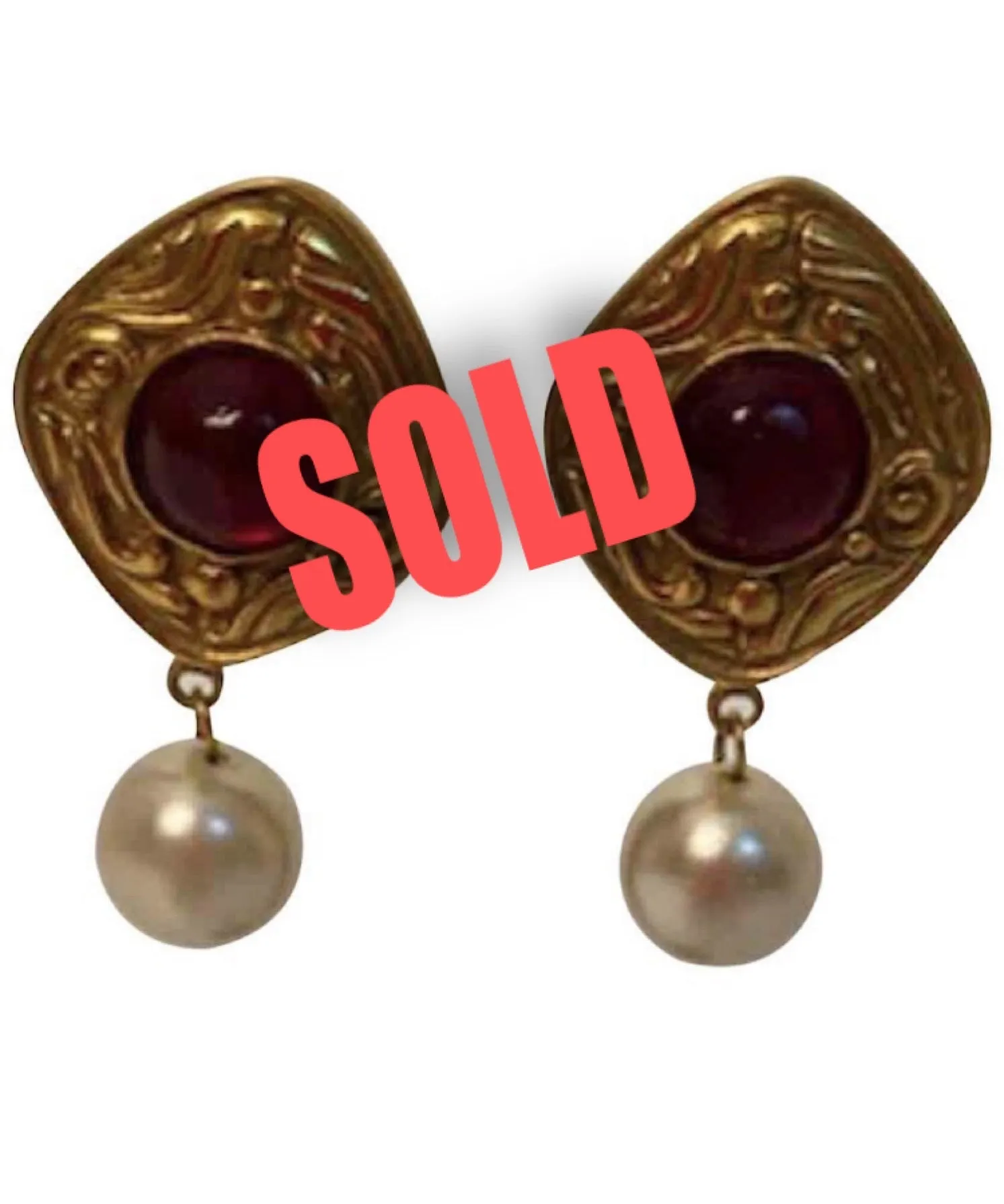 Chanel Vintage Red poured glass Gripoix Dangle pearl drop Clip On Earrings