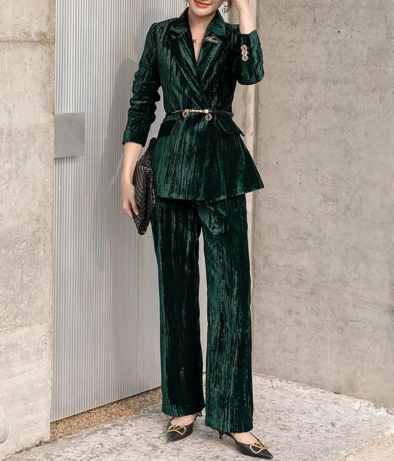 Cheryl Velvet Two Button Blazer & Flare Pant Suit Set