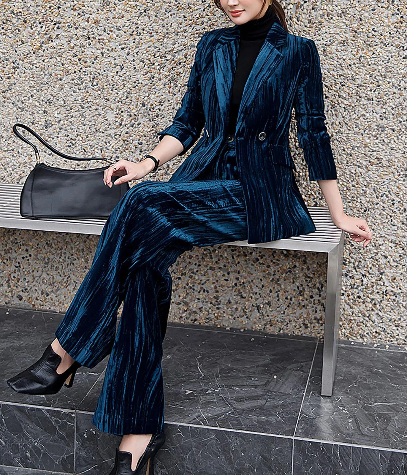 Cheryl Velvet Two Button Blazer & Flare Pant Suit Set