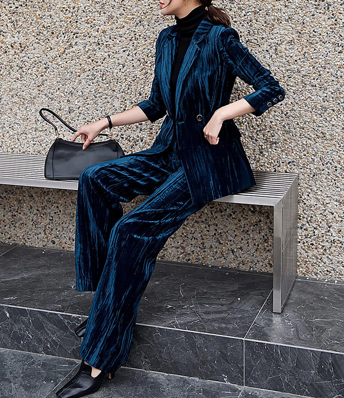 Cheryl Velvet Two Button Blazer & Flare Pant Suit Set