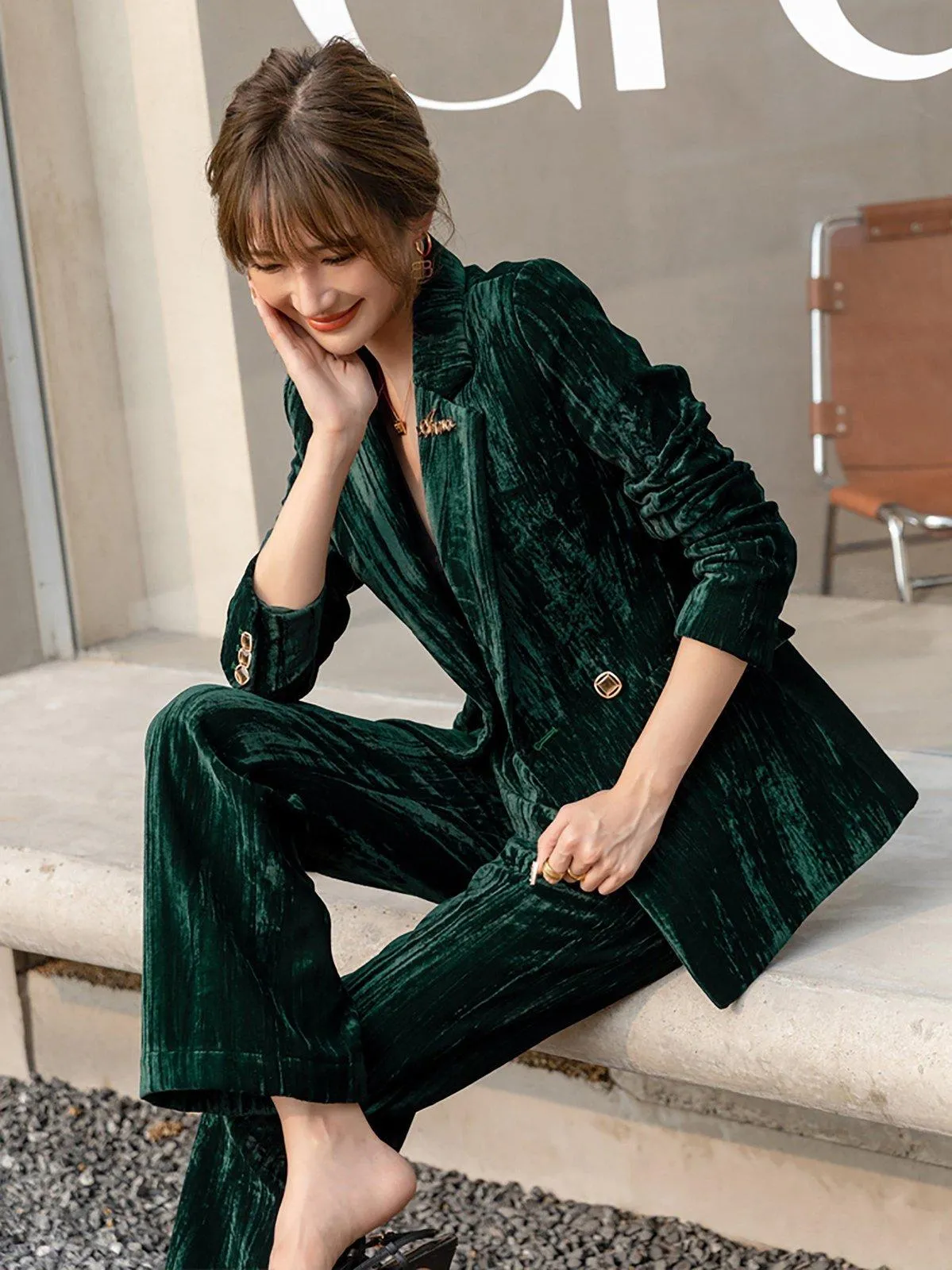 Cheryl Velvet Two Button Blazer & Flare Pant Suit Set