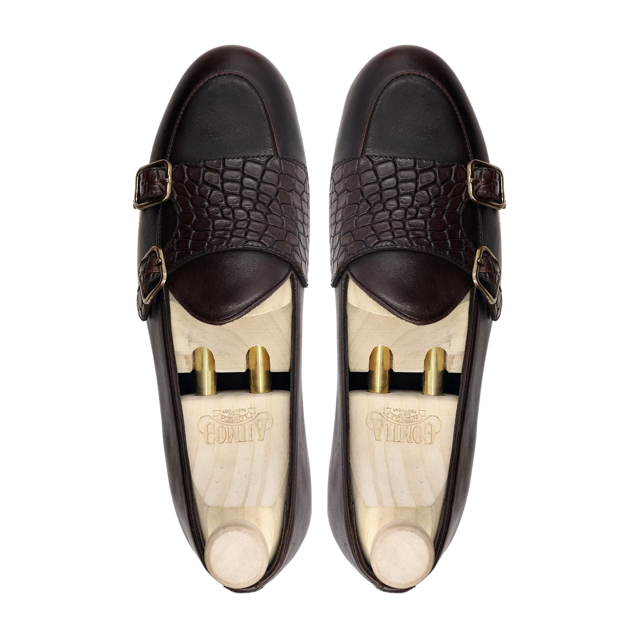 Dalil - Men's Dark Brown Calf And Printed Crocodile Leather Double Monkstrap