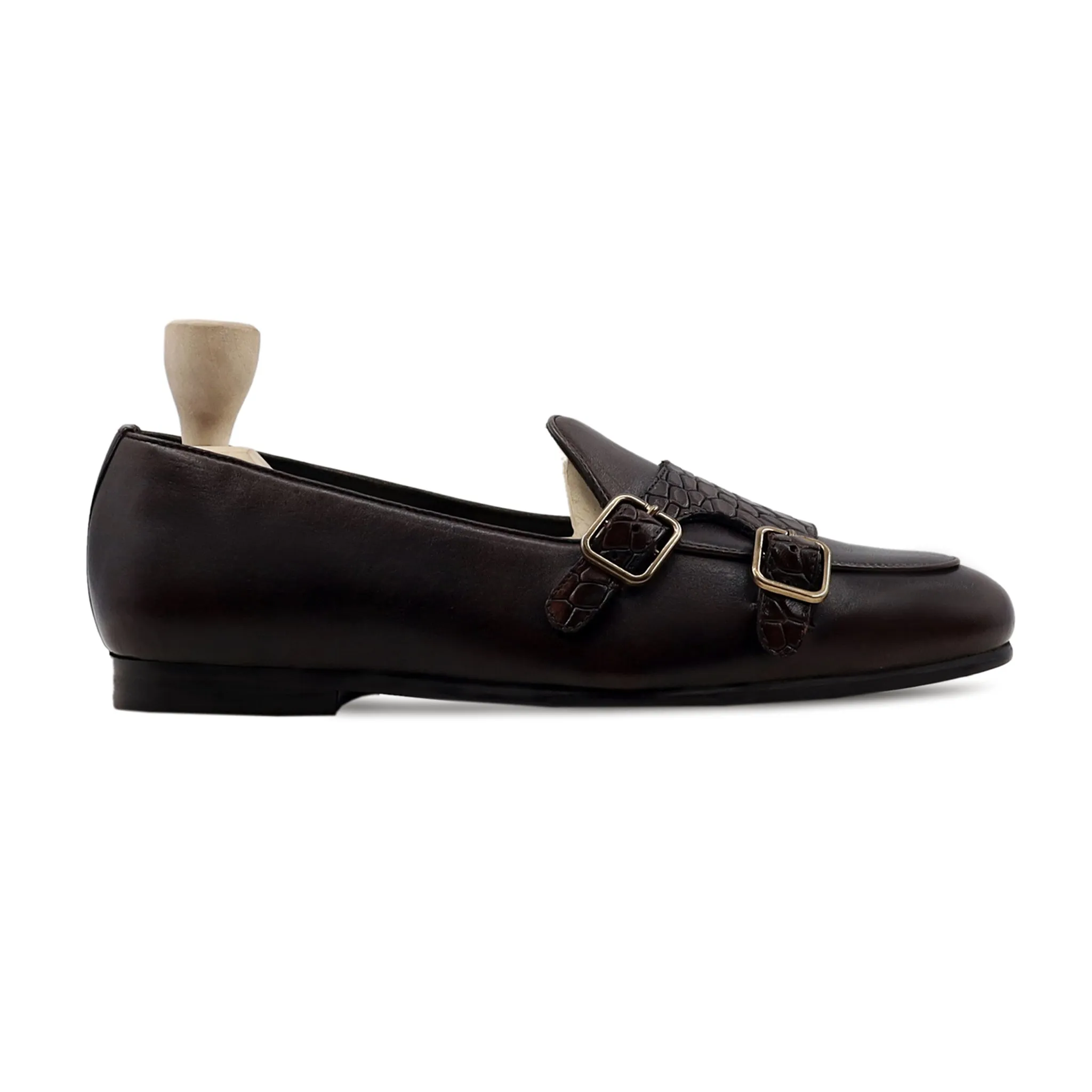 Dalil - Men's Dark Brown Calf And Printed Crocodile Leather Double Monkstrap