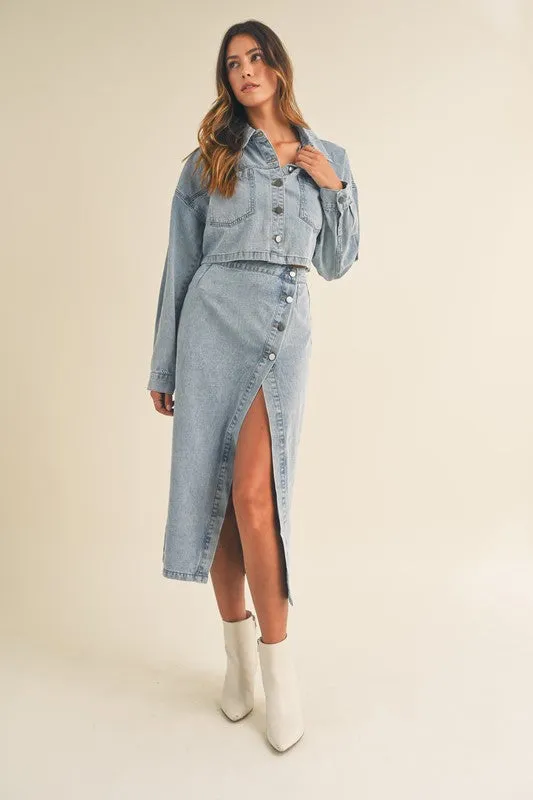 Denim Button Crop Jacket And Skirt Set