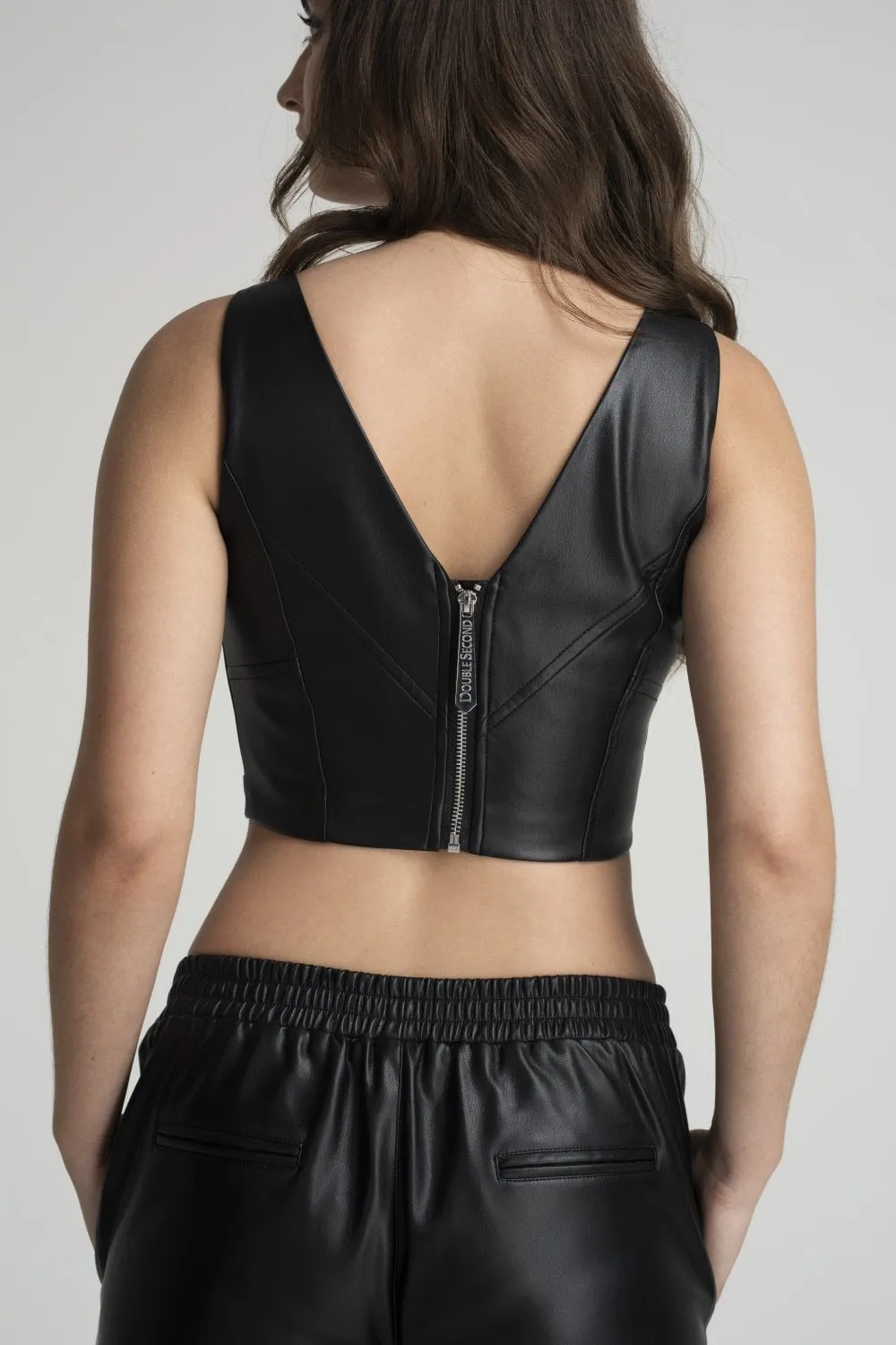 Double Second Black Vegan Leather Crop Top