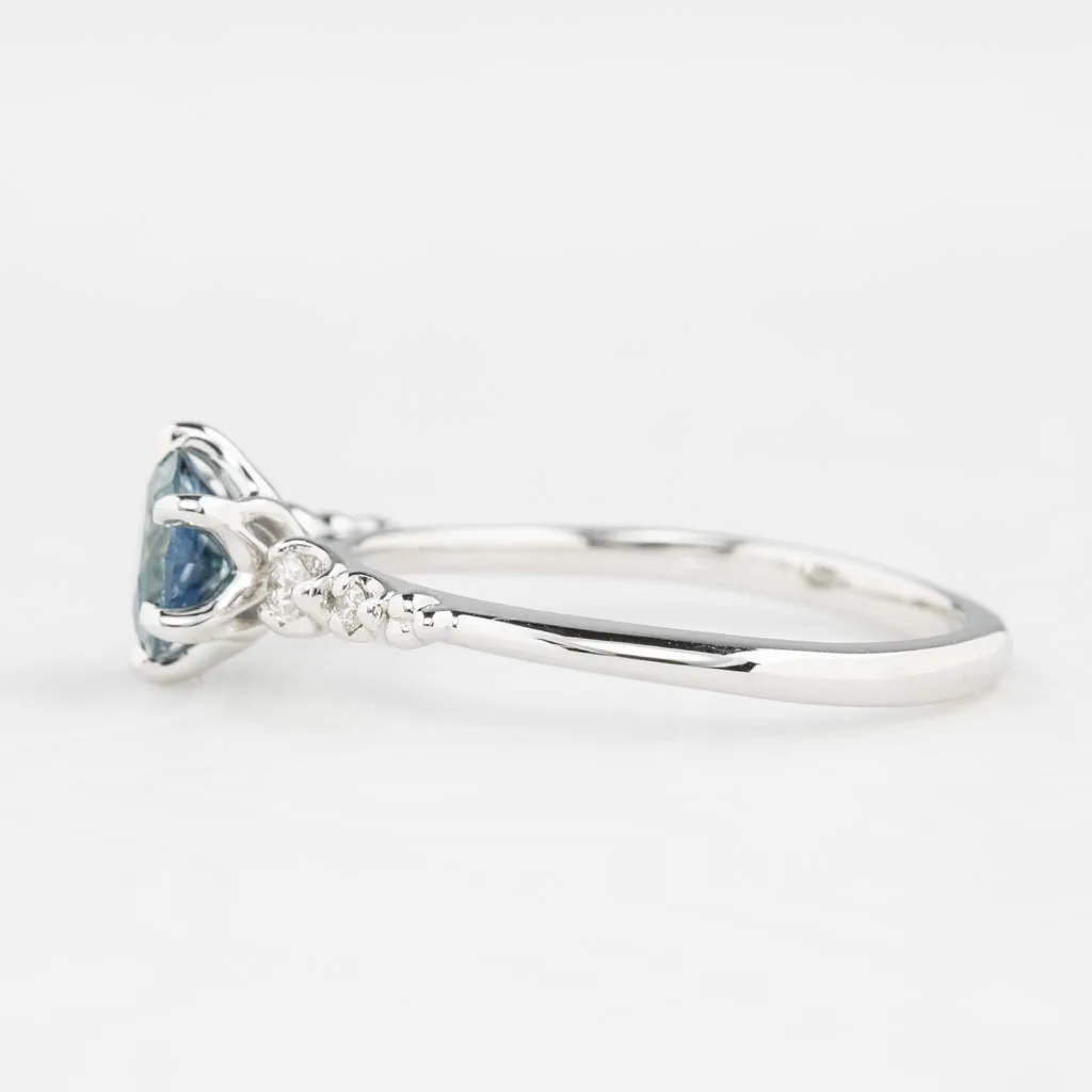 Estel Fleur Ring 0.94ct Light Blue Green Montana Sapphire, 14k White Gold (One of a kind)