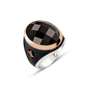 Facet Cut Black Zircon Stone Ellipse Silver Men’s Ring Siding Zircons and Black Diamond Pattern and Ottoman Tughra