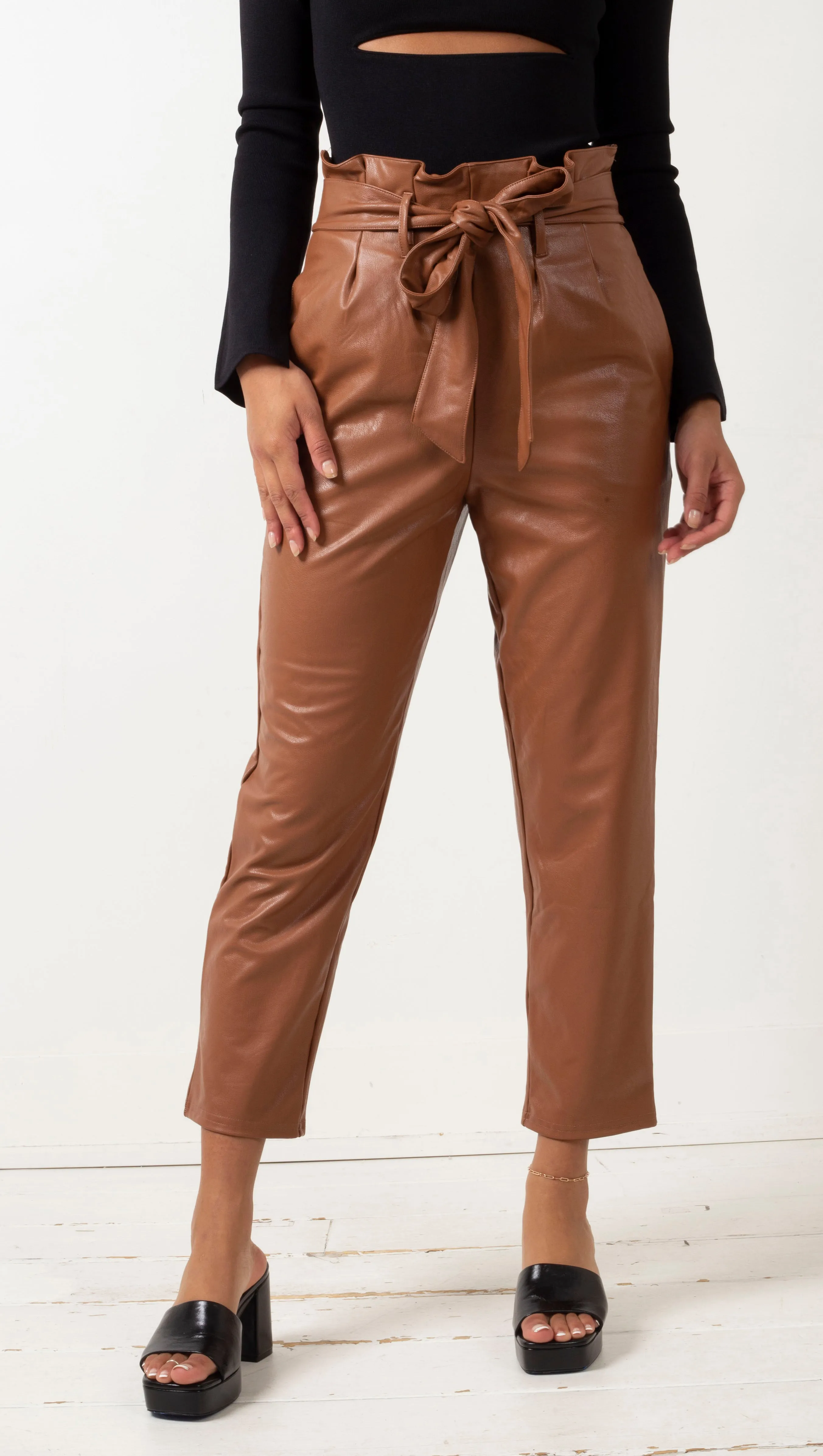 Faux Leather Paperbag Pant - Cocoa