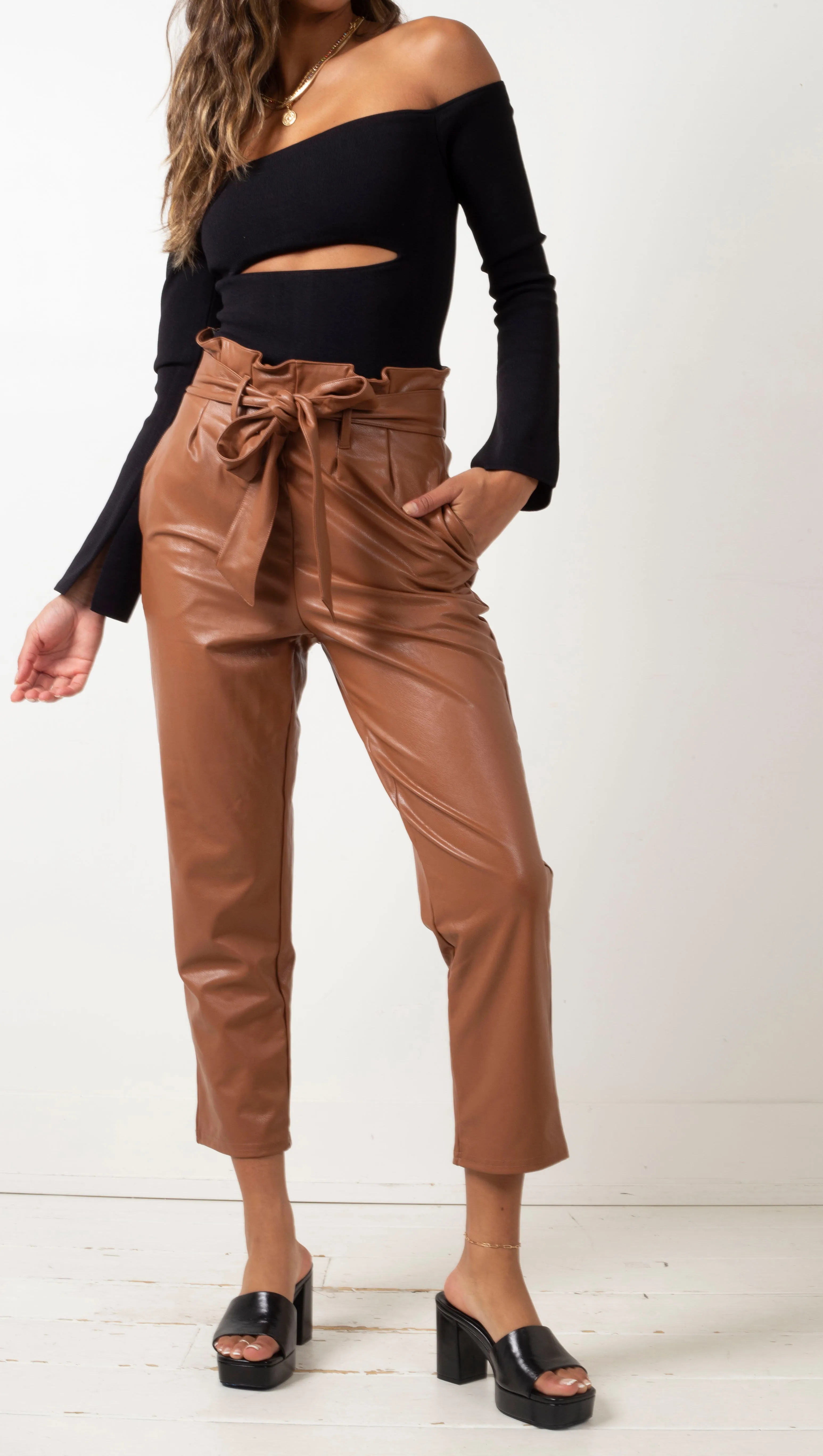 Faux Leather Paperbag Pant - Cocoa