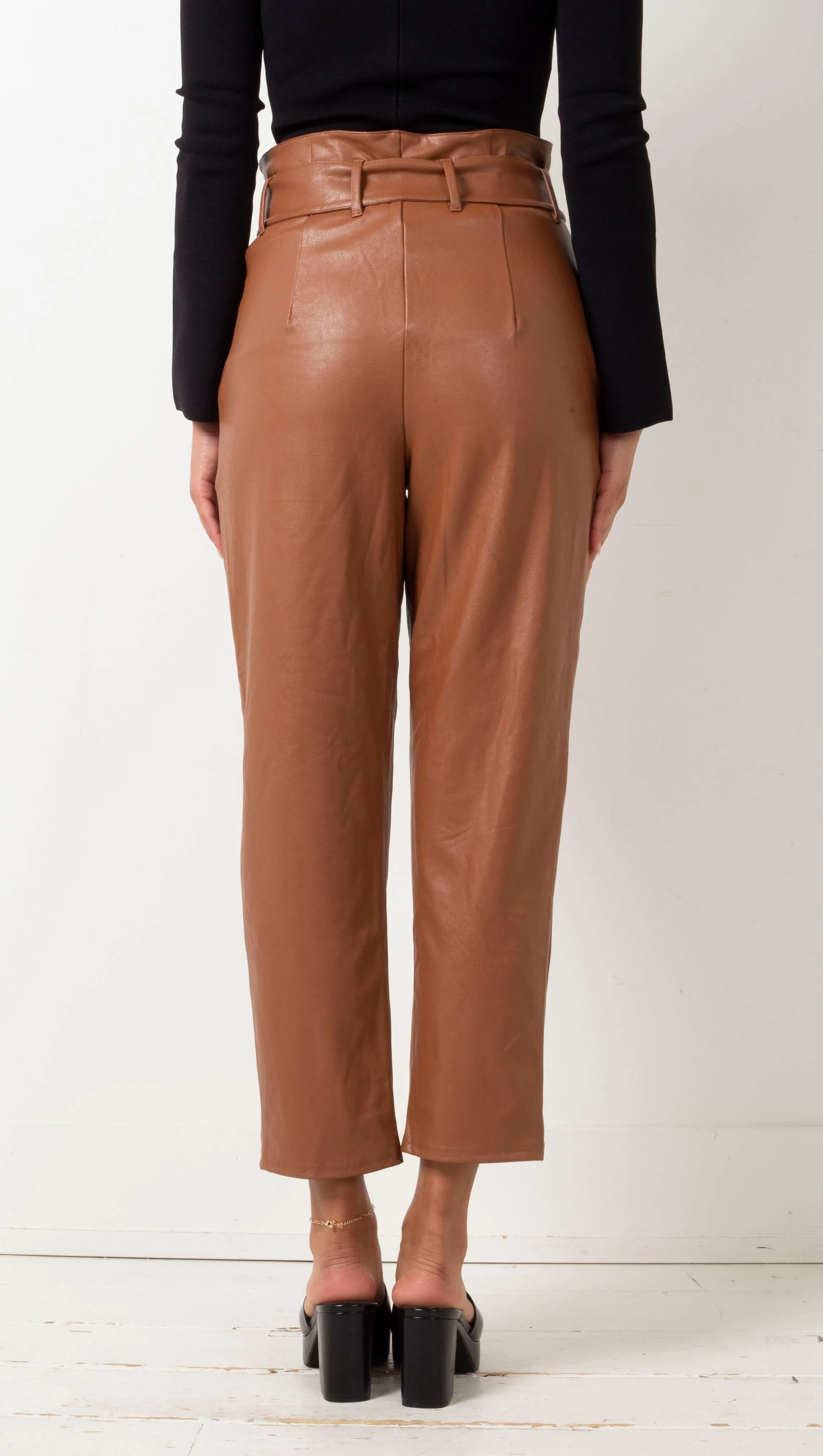 Faux Leather Paperbag Pant - Cocoa