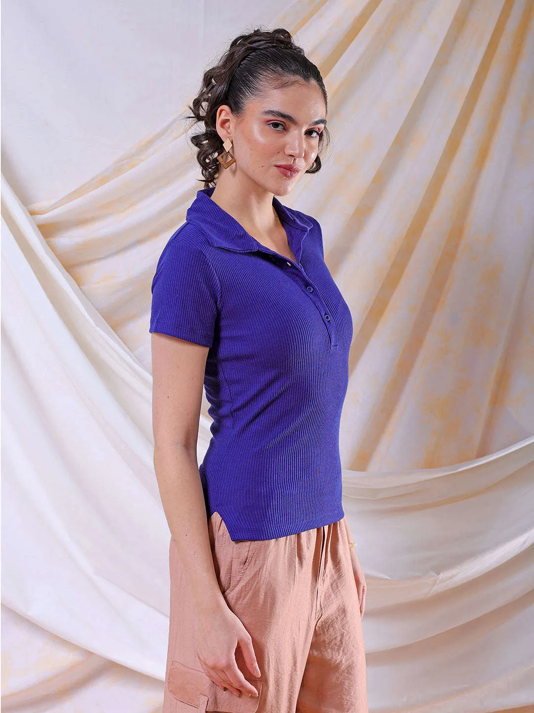 Freehand Women Blue Fitted Solid Collared Shirt Style