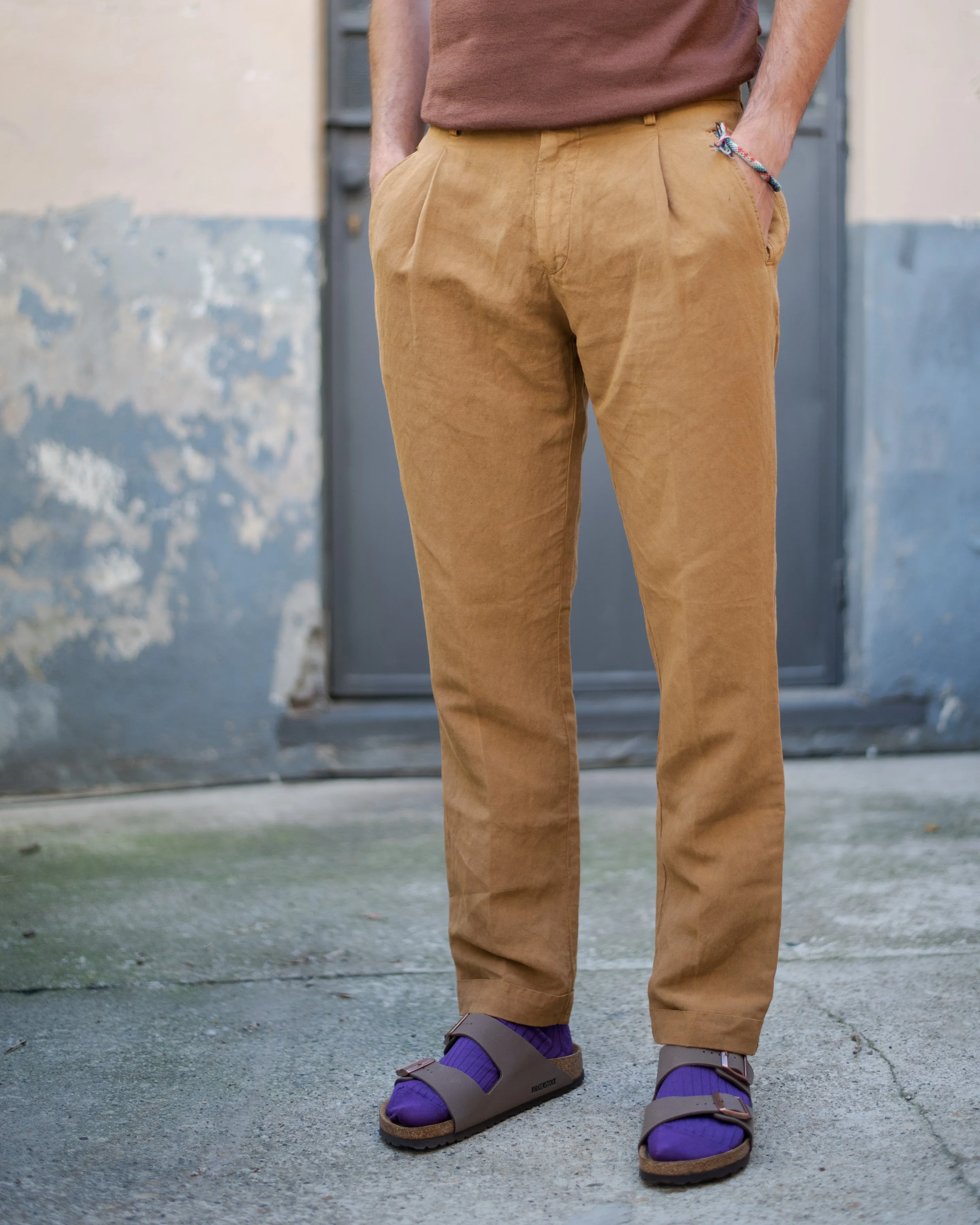 FRESH Lyocell Linen One-Pleat Chino Pants In Cumin